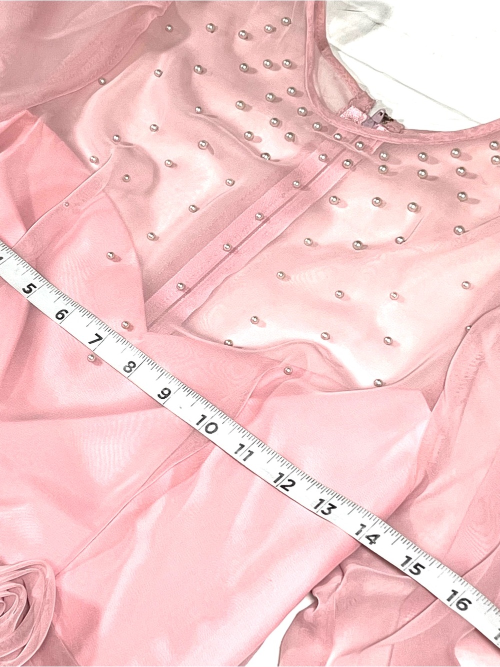 Elegant 1970s Pink Long-Sleeve Evening Dress with Sheer Yoke - Picture 12 of 15